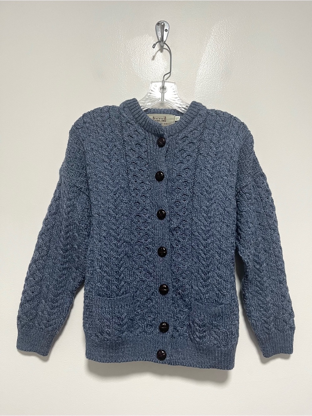 Aran Ireland Irish Cable Knit Fisherman Chunky Wool Cardigan Sweater Blue Small